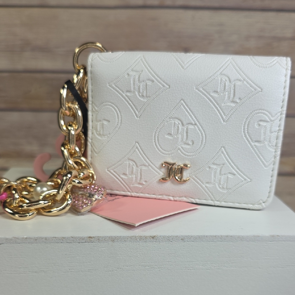 Juicy Couture White Card Holder with Pink Accent and Gold Chain